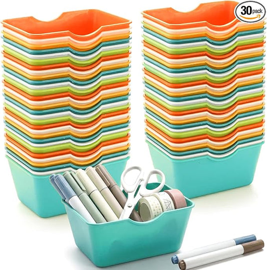 WUWEOT 30 Pack Mini Storage Baskets Bins, Plastic Small Classroom Organizer Tray Bulk, Colorful Rectangular Pencil Container for Drawer Desk Bathroom Home Office School