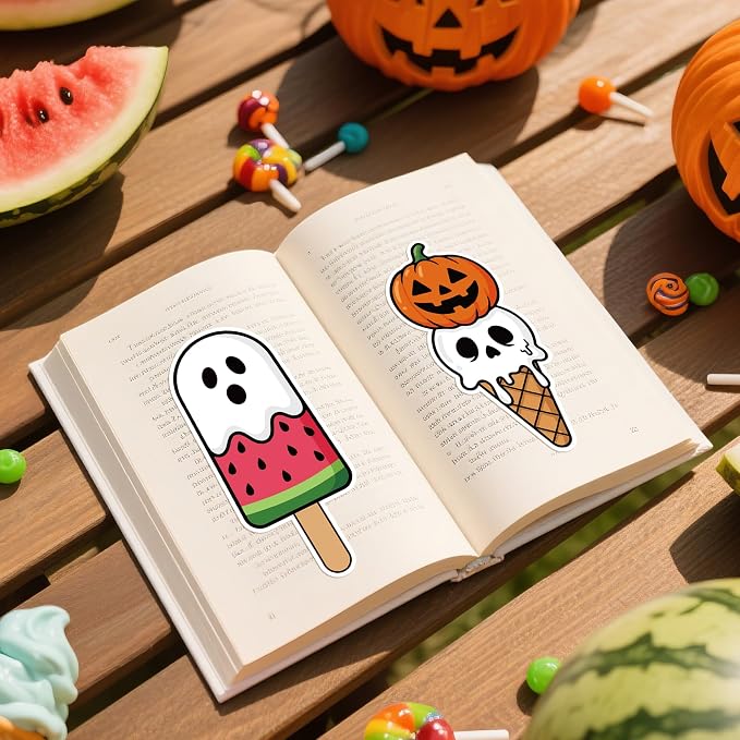 Eartim Summer Ice Cream Bookmark - 98Pcs Cartoon Little Boo Ghost Pumpkin Ice Cream Pattern Bookmark for Kid Summer Holloween Party Gift Birthday Goodie Bag Filler School Game Prize Reading Lover Gift
