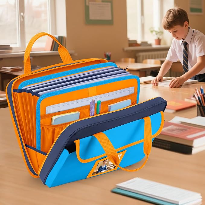 GRAOSO Zipper Document Bag for Boys and Girls, 9 Expandable Folders, Baby Portfolio Organizer Case with Customized Photo and Name Areas, Blue