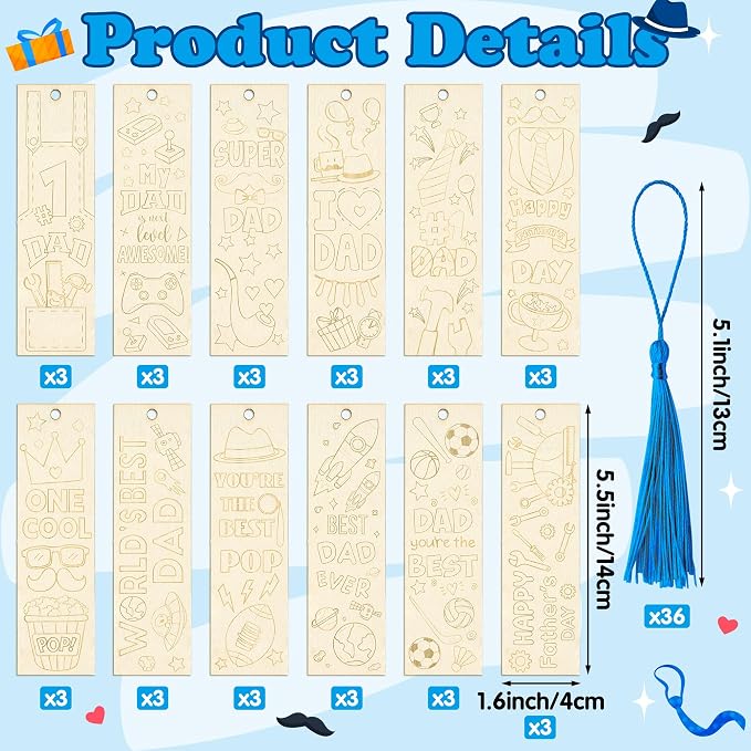 Father’s Day Color Your Own Blank Bookmarks for Kids - 36Pcs Unfinished Wooden Bookmarks with Tassel for Father’s Day Art Craft School Home DIY Activity Supplies Goodie Fillers