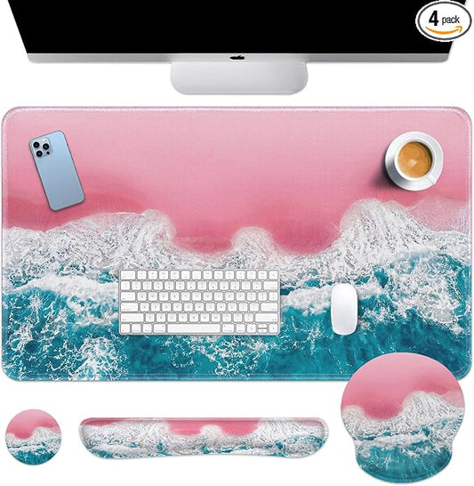 Britimes Blue Sea Keyboard Mouse Pad Set Pink Sand Beach 4in1 Large Mousepad+Keyboard Wrist Rest+Mouse Wrist Rest+Coaster Set with Ergonomic Design for Home Office Computer 35.4x15.7 inches