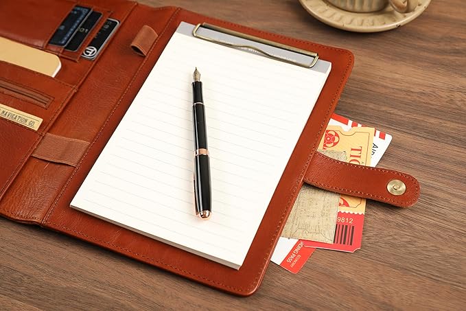 Custom Oil Brown Mini Portfolio Binder Padfolio with Clipboard - A5 Legal Size Holder for Business Meetings