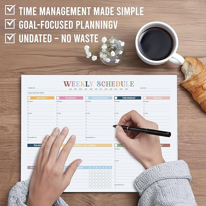 Weekly To Do List Notepad Undated (52 Sheets, 8.5 x 11") – Large Weekly Planner Desk Pad for Work, School & Home, Simple Productivity Organizer - Rainbow Boho
