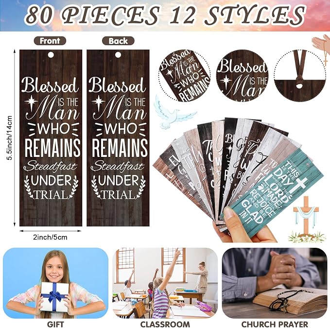 Jetec 80 Pcs Bible Verses Bookmarks Rustic Religious Bookmarks Bulk for Men Women Inspirational Christian Bookmark with Ribbon for Bible Study Christian Church VBS Sunday School Gifts
