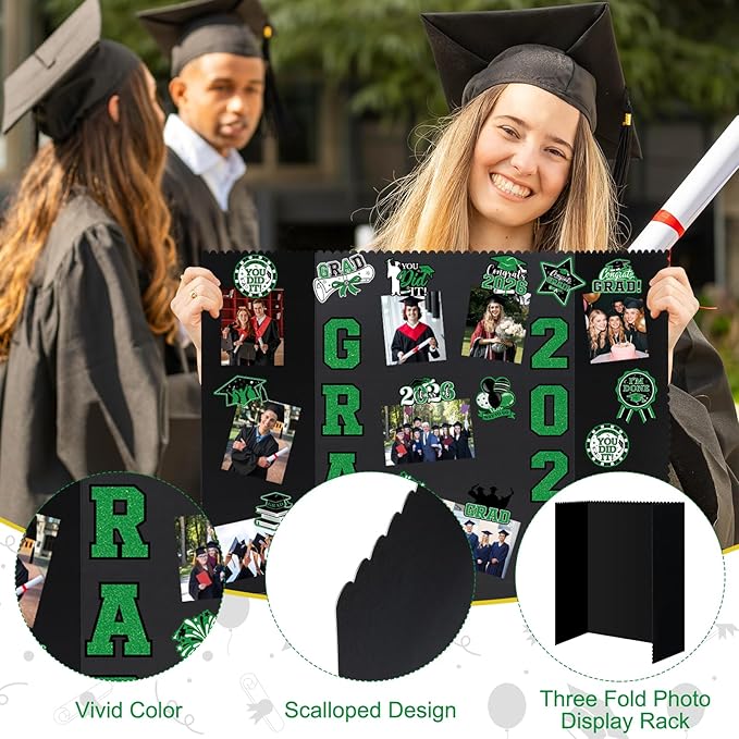 4 Set Graduation Photo Display Board, Class of 2026 Black Green Trifold Poster Board with Grad Pattern Stickers, Graduation Photo Props Collage for Multiple Pictures Party Decorations, 16x24 Inch