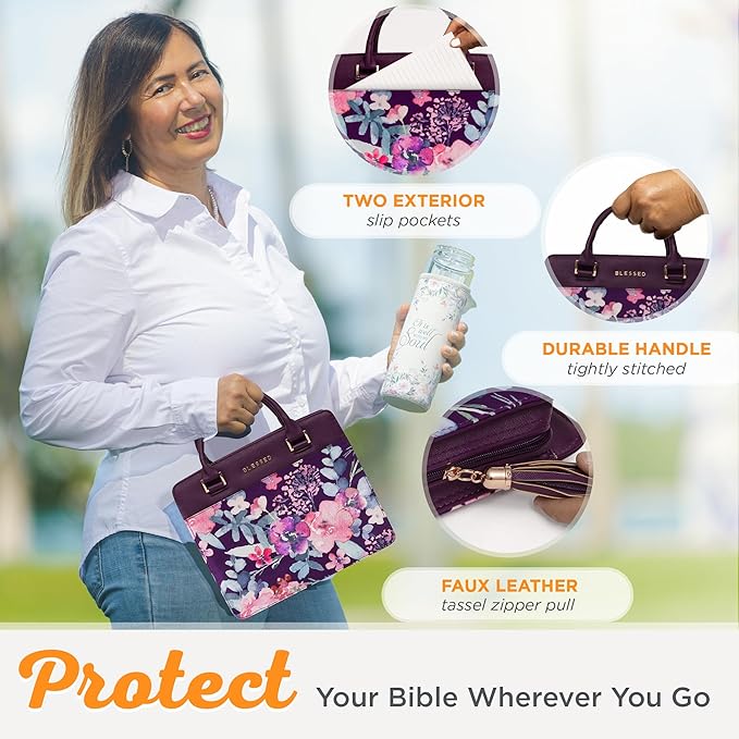 Christian Art Gifts Women's Fashion Bible Cover Purse Style Blessed, Purple Floral Faux Leather, Medium