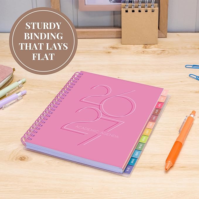 Rileys Academic Planner 2026-2027, Daily, Weekly & Monthly Planner, July 2026 - June 2027, Student Notes Pages, Twin-Wire Binding, Weekly Agenda for School & Work (8 x 6-Inches, Deco, Pink)