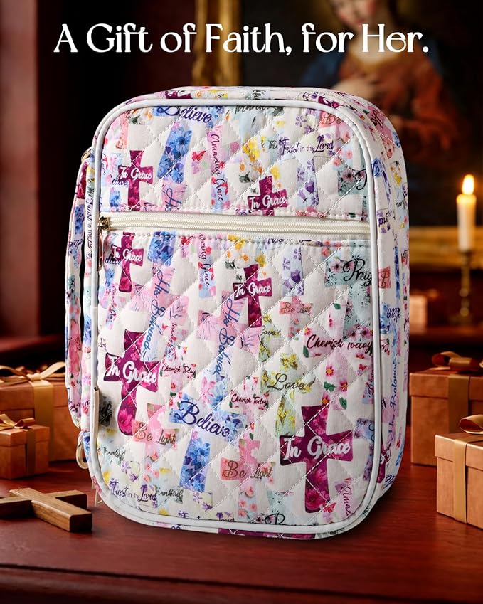 Miss Adola Bible Cover Case for Women - Quilted Bible Carrying Case Organizer Study Bag with Zipper Handle and Shoulder Strap Purple Cross Book Cover for Teen Girls