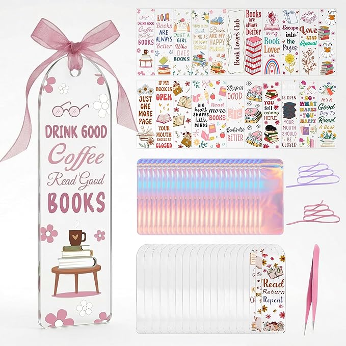 Acrylic Bookmark Blanks, 86 Pcs DIY Bookmark Making Kit with Organizer Box, 1.37x5.5 Clear Acrylic Bookmarks, UV DTF Decals, Make Your Own Bookmarks for Women & Book Lovers (Book Soul)