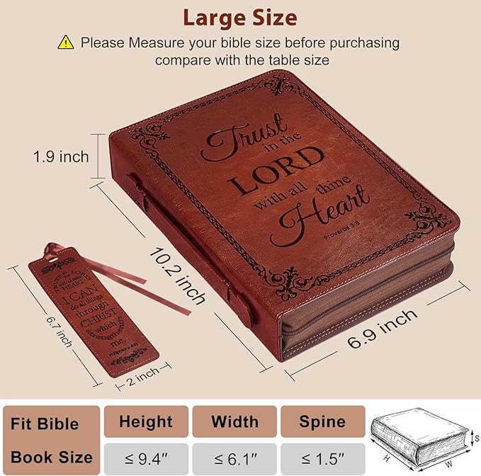 Large Bible Cover Case for Men Women, Mens Bible Covers Cases Leather Bible Cover Carrying Case for Women Men with Handle Zippered Bible Book Cover Holder Bag Case(Brown, L)