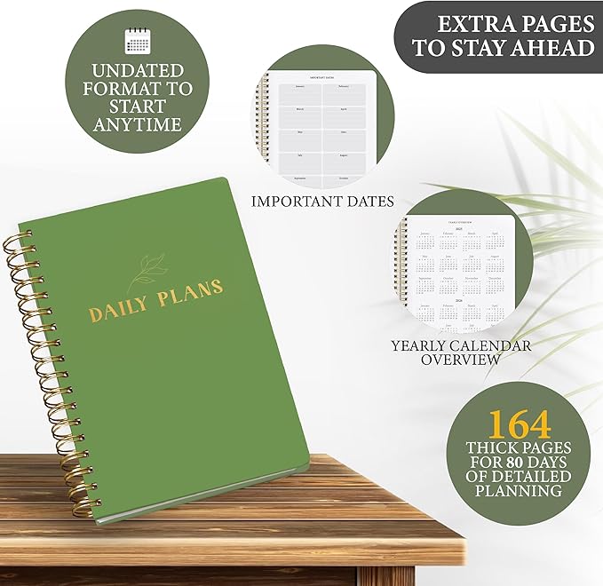 Daily Planner with Hourly Schedule – Aesthetic Spiral To-Do List Notebook for Work, Appointments and Tasks | Undated Daily Planner, Hourly Organizer to Stay Focused, Green