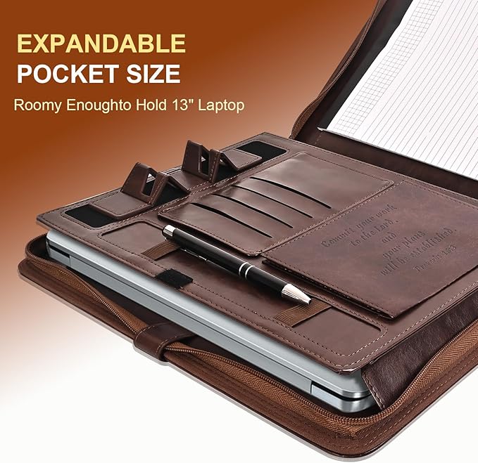 Leather Portfolio for Men and Women – Business Binder Portfolio, Professional Organizer for Men and Women, Christian Gifts, Laptop & iPad Case, Bible Notepad Holder (Brown)