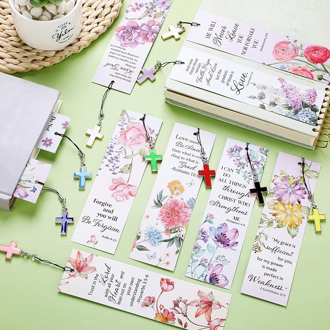 Gersoniel 30 Pcs Christian Bookmarks for Women Bible Verse Inspirational Scripture Bookmark Bulk Religious Page Marker with Cross Pendant for First Communion Mother Day Church Gift(Pastel Style)