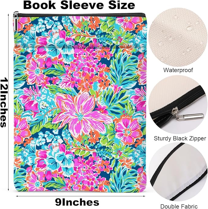Book Sleeve Book Lovers Gifts Waterproof Books Pouch Protector with Zipper & Pocket Gifts for Women Girls Bookworm Teacher Reader Librarian Birthday Friendship Christmas Watercolor Floral Pattern