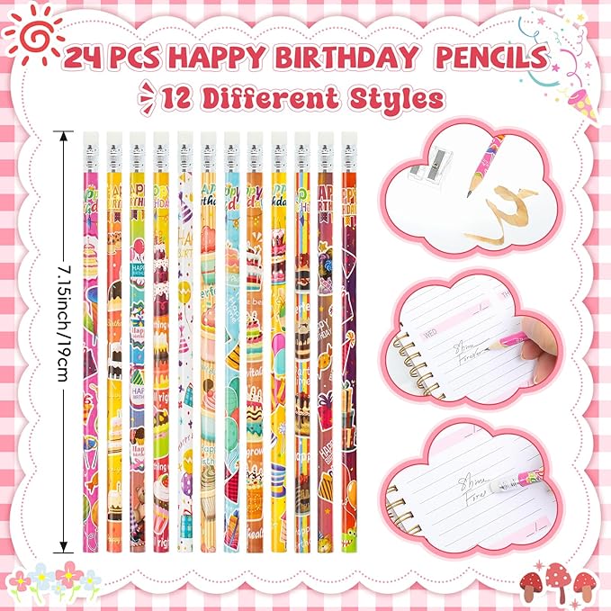 24 Pcs Happy Birthday Pencils for Students, Bulk Colorful Pencils with Top Erasers for Kids, Wood Writing Instruments for Teachers Classrooms Reward Birthday Party Supplies, 12 Assort Style