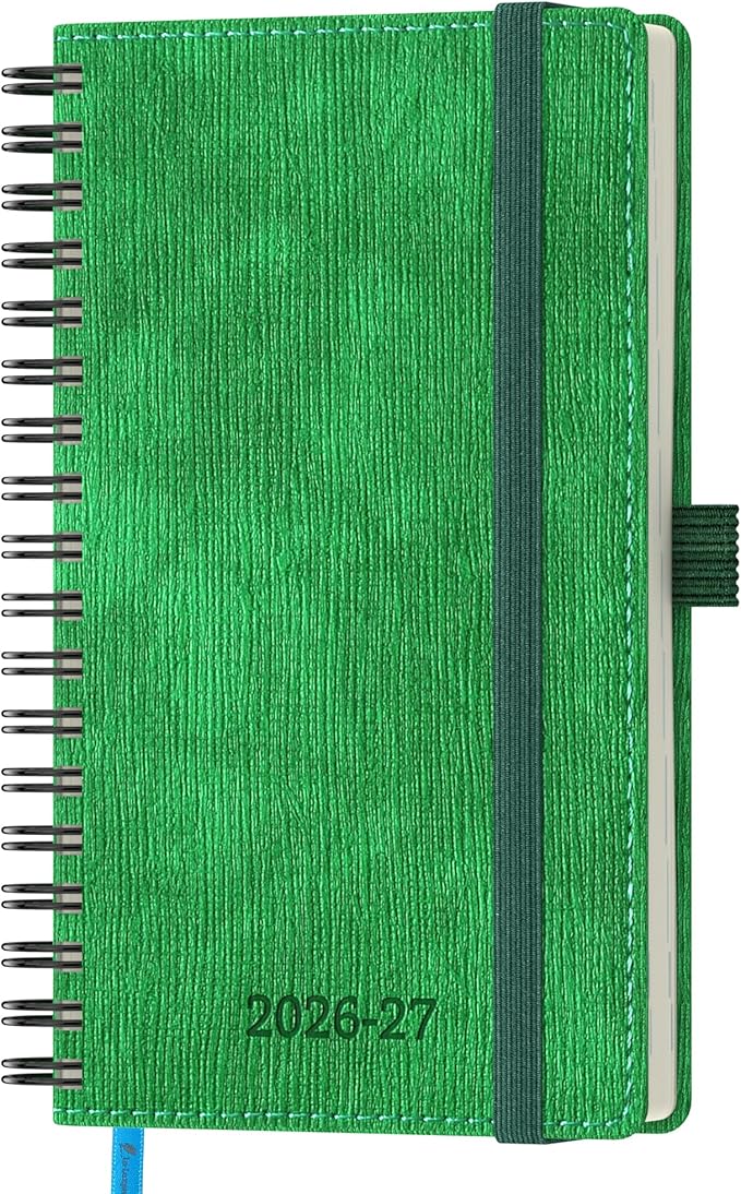 2026-2027 Planner, Daily Weekly Monthly Academic Planner, 18 Months Spiral Bound Agenda, 6.5" x 3.75", Vertical Layout, Calendar Planner, Vegan Leather Soft Cover,Green