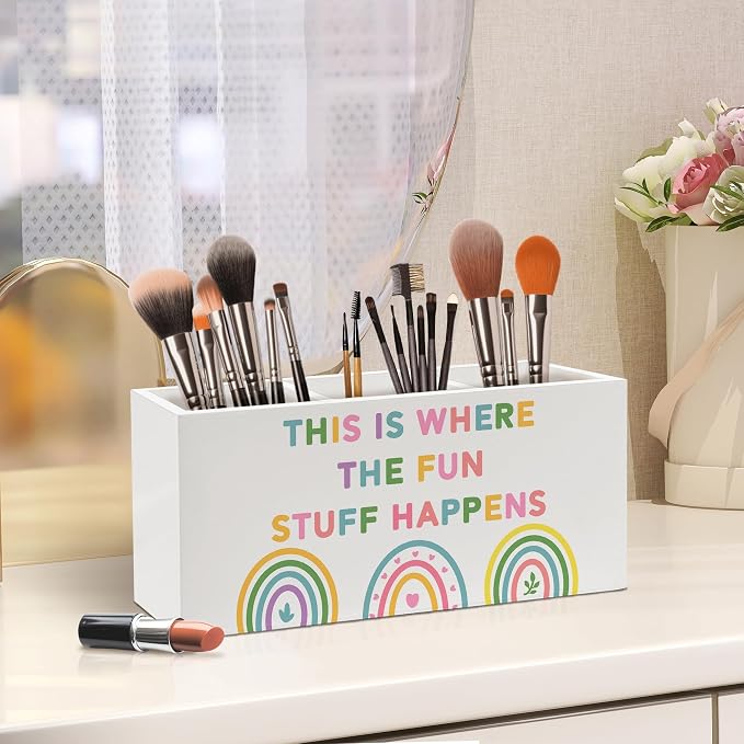 Boho Rainbow Classroom Pen Holder, Kids Pen Pencil Holder Organizer for Desk Accessories, Pastel Playroom Wooden Box Desk Decor for Kids Nursery Room Bedroom Classroom Desk Decorations