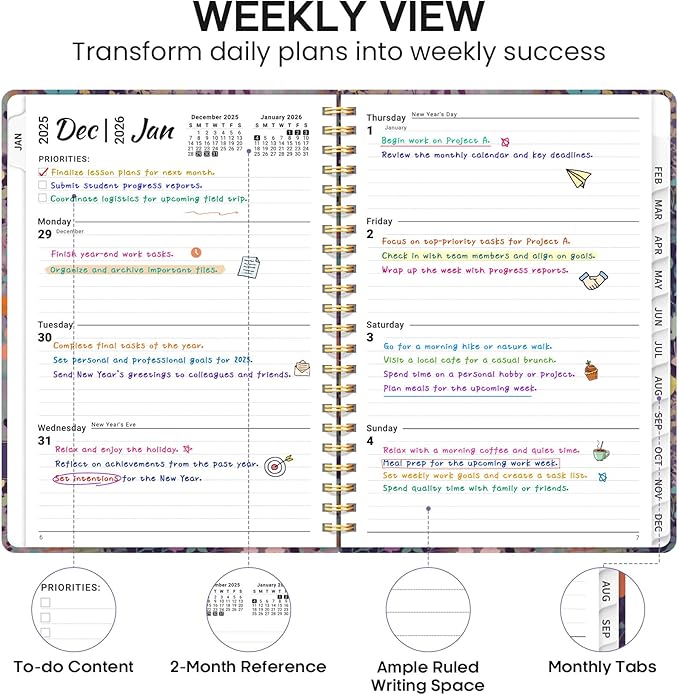 2026 Planner, Weekly and Monthly Calendar Planner Book, January 2026 - December 2026, Hardcover Spiral Planner with Monthly Tabs, Notes Pages, Perfect for Women & Men, A5 (6.4" x 8.5") - Violet