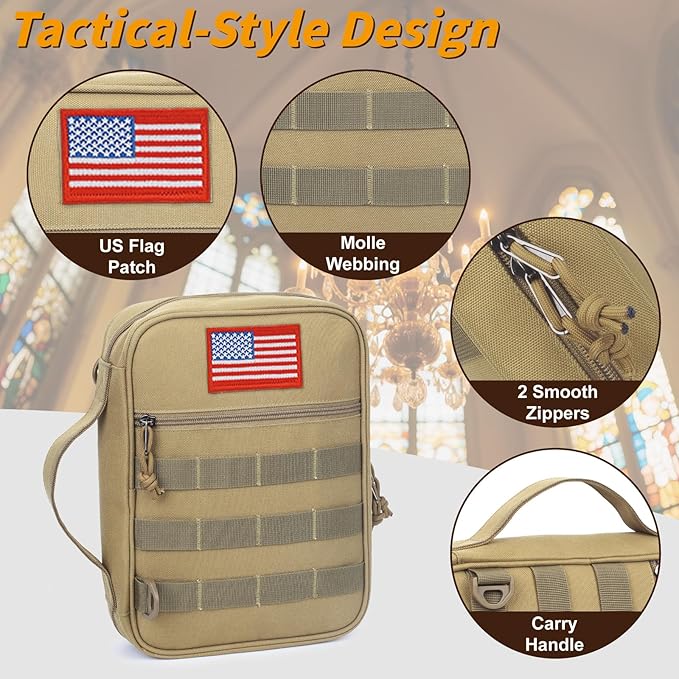 ATRIPACK Tactical Bible Cover For Men,Large Bible Case With Shoulder Strap,Water-Resistant Book cover With Handle,Multi-Functional Carrying Bible Holder Bag For Church,Study,Spiritual