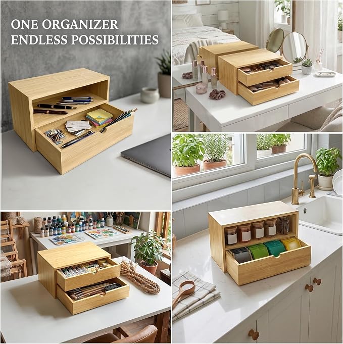 Bamboo Desk Organizer with 2 Drawers, Desktop Drawers Wooden Storage Box 13.4 x 7.1 x 7.5 Inches Countertop Organizer for Office Supplies, Solid Wood Tabletop Drawer No Assembly Required