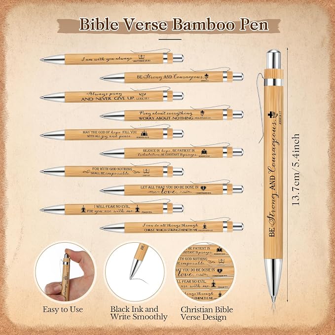 Gueevin 10 Sets Christian Party Favors Gift Bulk Church Father's Day Sunday School Teacher Graduation Bible Verse Bamboo Pen Prayer Religious Bookmarks Scripture Silicone Keychain (Inspirational)