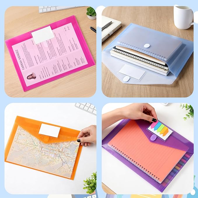 6 Pack Colored Plastic File Folders Letter A4 Size with Tags Clear Document Binder Folder Envelops Receipt Pocket Filing Products Carpeta Organizer Classroom Homeschool Office Supplies Organization