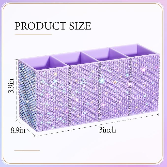 Bling Desk Organizer for Women, Rhinestone Pen Makeup Brush Holder, Girly Desk Accessories Organizer for Office Classroom Elevate Your Workspace with Serenity(Rhinestone,Purple)