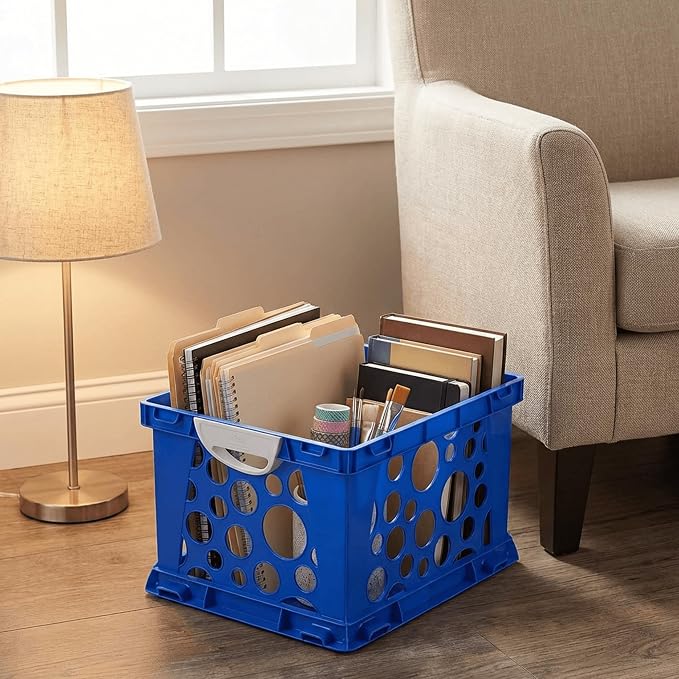 Storex Premium File Crate with Molded Handles – Letter & Legal Document Storage, Stackable, Heavy Duty Plastic, Classroom Blue, 3-Pack