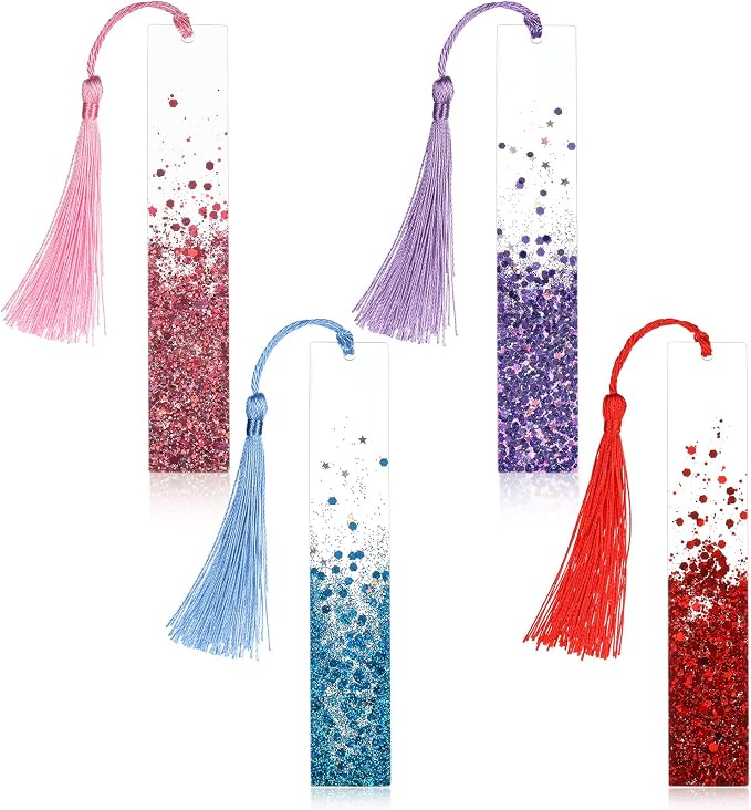 4 Pieces Glittering Dried Flowers Resin Bookmarks Handmade Transparent Page Marker with Tassel for Adults Students School, Office, Home Supplies, Graduation Gifts(Glittering Style)