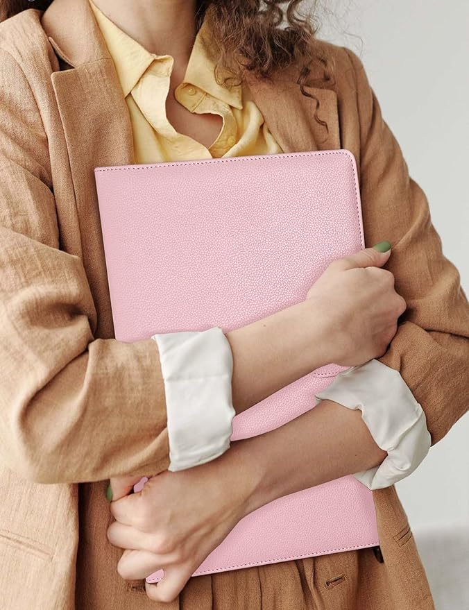 Mymazn Padfolio Portfolio Folder, Faux Leather Interview Resume Folder with Document Organizer & Business Card Holder, Letter-Sized Notepad Legal Pad Holder for Men Women (Pink)