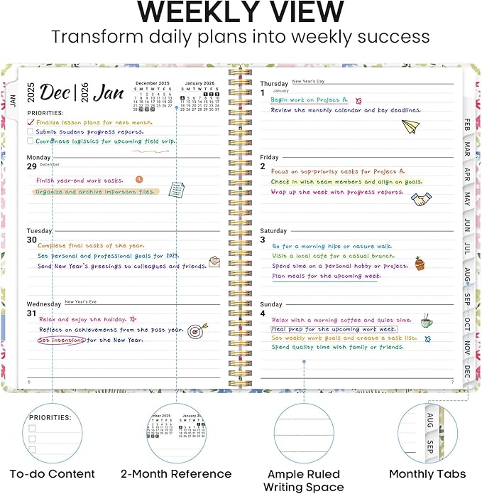 2026 Planner, Weekly and Monthly Calendar Planner Book, January 2026 - December 2026, Hardcover Spiral Planner with Monthly Tabs, Notes Pages, Perfect for Women & Men, A4 (8.5" x 11") - Ditsy
