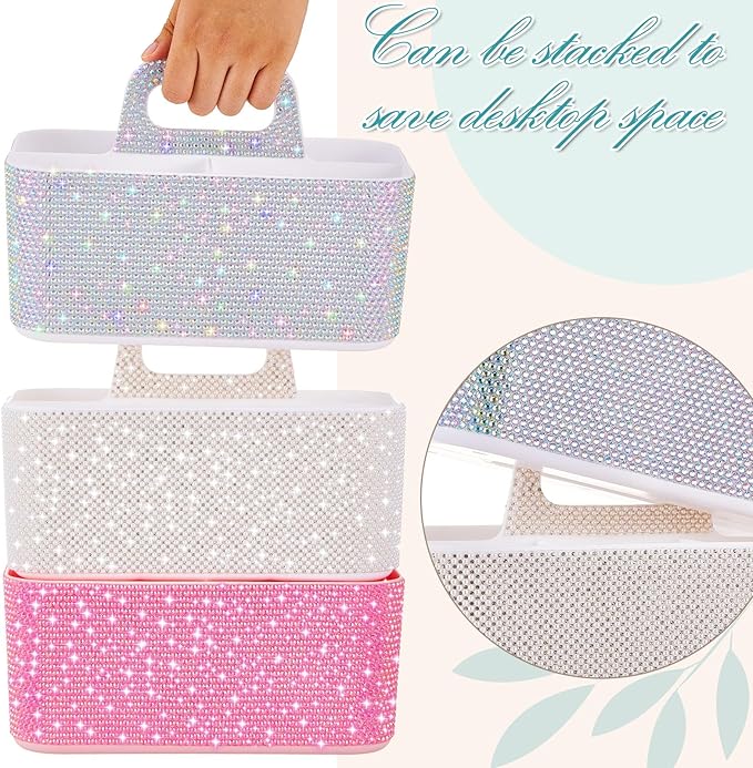 Marspark Bling Makeup Caddy Organizer with Handle, Sparkly Art Craft Holder, Glitter Bathroom Hair Caddy, Shimmer Pen Pencil Holder for Women Desk Organizer, Bling Gifts for Women(White,AB Diamond)