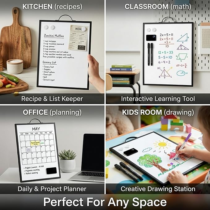 Black Magnetic Dry Erase Whiteboard 12 x 16 Double Sided, Portable Desktop Small White Board with Handle, to Do List Note Board, Write and Wipe for Desk Wall, Includes 2 Markers Eraser 2 Magnets