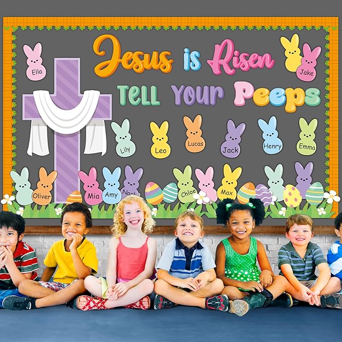 Easter Peeps Bulletin Board Decorations Easter Egg Bunny Spring Paper Cutouts Jesus is Risen Religious Bulletin Board for Church Sunday School Office Chalkboard Wall Door Decor Supplies