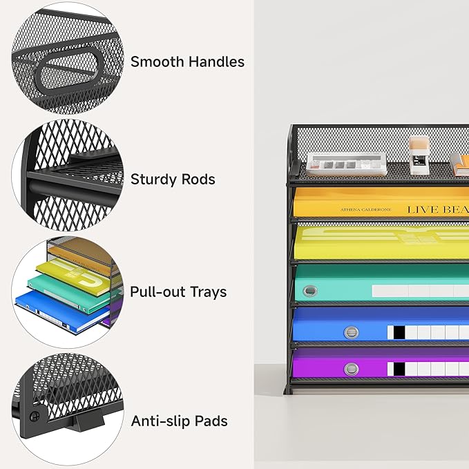Cawukege 6 Tier Paper Organizer, Black Letter Tray with Handle, Mesh Desk Organizer, Metal File Organizer, Office Desk Accessories for Home, Office, Classroom, School