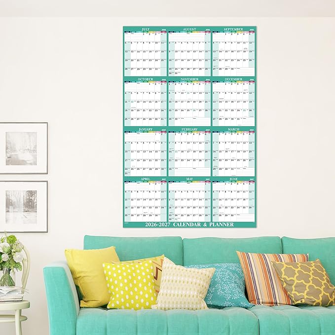 Yearly Wall Calendar 2026-2027 - 2026-2027 Calendar, July 2026 - June 2027, 34.8" x 22.8" (Open), Yearly Wall Calendar 26-27, 26-27 Calendars Vertical, One Page for Organizing - Colorful Lump