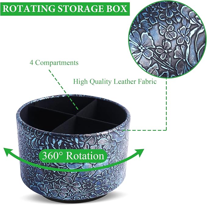 Round Leather Art Supply Organizer,Remote Control Holder,360 Degree Spinning,Multi-Functional Pencil Holder,4 Compartments Desktop Stationary Organizer(1-Rich Flower Blue)