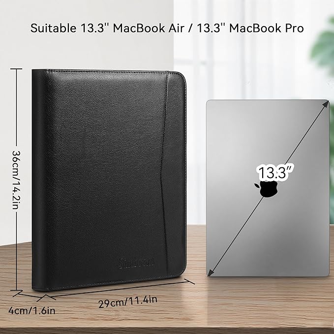 Zippered Leather Padfolio Organizer, Multifunctional Business Portfolio Folder with Zipper, Card Holders Pockets, Notepad Executive File Document Binder for Women Men (Black)
