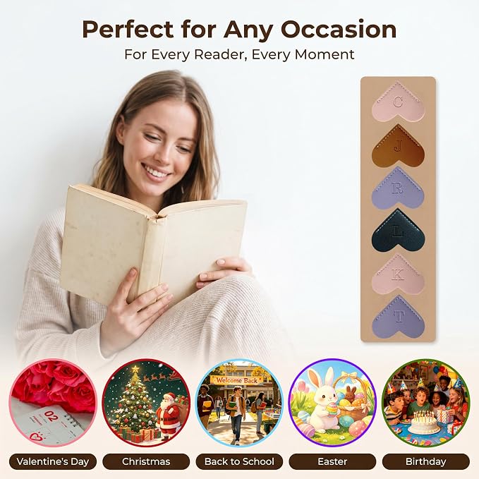 Personalized Leather Book Marks, Heart Bookmark, Unique Cute Handmade Letter Bookmarks Accessories for Reading Women, Teacher, Student, Book Lovers Book Mark Gifts (Purple, L)