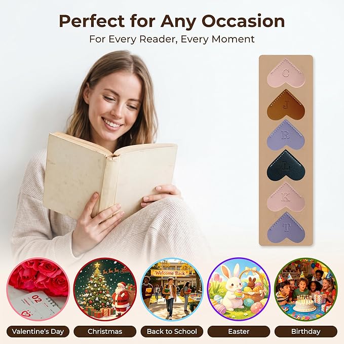 Personalized Leather Book Marks, Heart Bookmark, Unique Cute Handmade Letter Bookmarks Accessories for Reading Women, Teacher, Student, Book Lovers Book Mark Gifts (Brown, X)