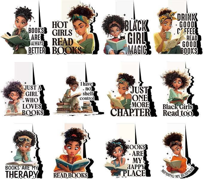 Black Girl Reading Bookmark - 12 PCs African American Women Magnetic Book Mark Inspirational Bulk Aesthetic Magnets Page Markers for Bookish Lovers Students Teachers School Birthday Gift