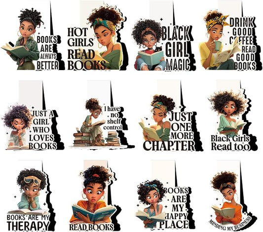 Black Girl Reading Bookmark - 12 PCs African American Women Magnetic Book Mark Inspirational Bulk Aesthetic Magnets Page Markers for Bookish Lovers Students Teachers School Birthday Gift