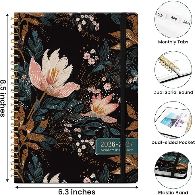 Planner 2026-2027, Monthly and Weekly Academic Planner July 2026 - June 2027, Hardcover Student Teacher Planning Agenda Calendar Book with Tabs, Perfect for Office School Supplies, A5 (6.3" x 8.5") - Vintage Petals