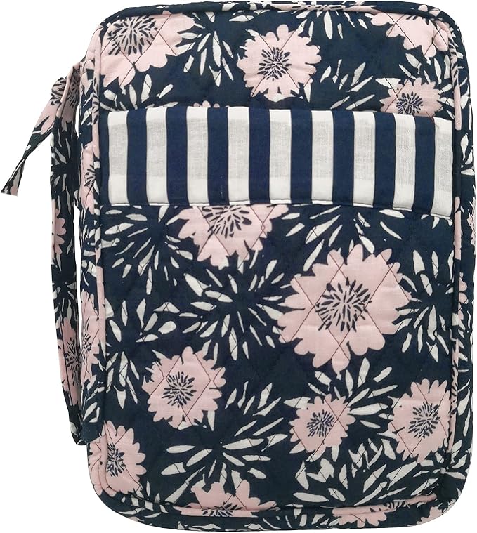 DIWI Quilted Bible Cover Extra Large Sizes 11.25 X 8.25 X 2.75 Inches Good Book Case Scripture Bag (XL, C1 Navy Pink)