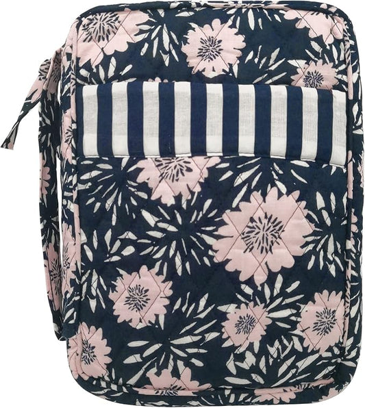 DIWI Quilted Bible Cover Extra Large Sizes 11.25 X 8.25 X 2.75 Inches Good Book Case Scripture Bag (XL, C1 Navy Pink)