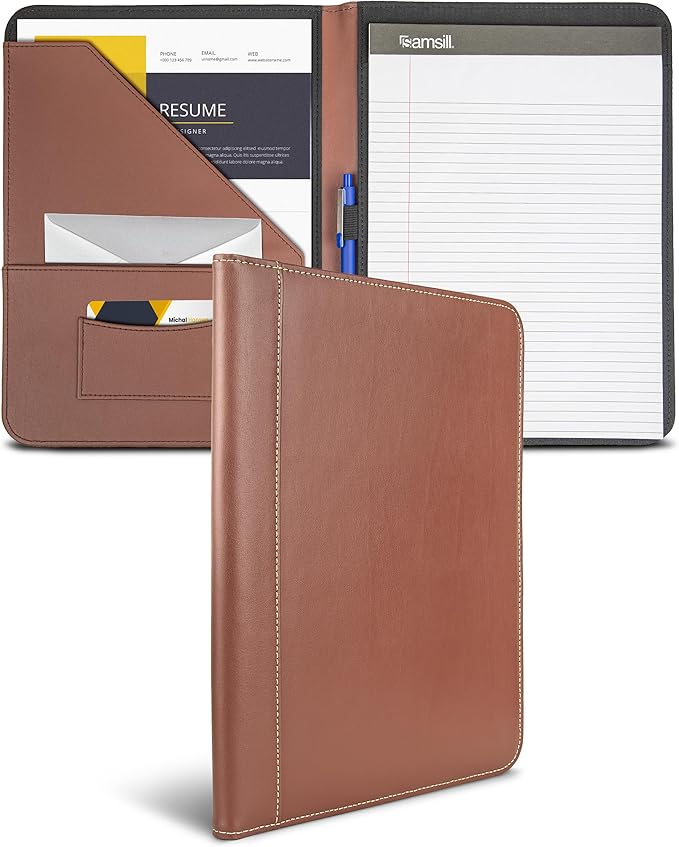 Samsill Contrast Stitch Leather Padfolio and Business Portfolio for Men and Women, Resume/Document Organizer with Writing Pad, Tan