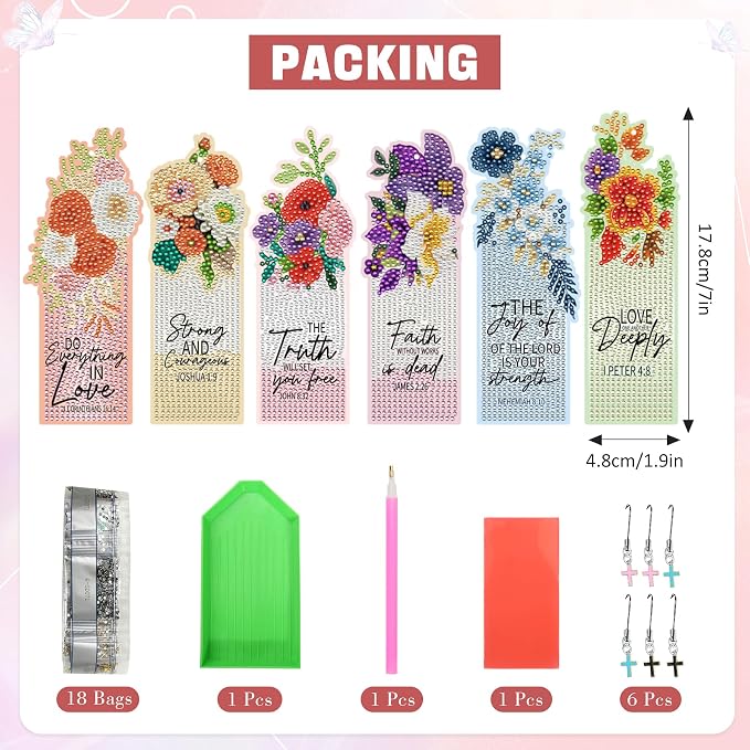 Christian Diamond Art Bookmarks Kit - DIY Diamond Painting Bookmarks with Bible Verses, Colorful Flowers Bookmark for Adults for Bible Journaling, Prayer & Worship Accessories