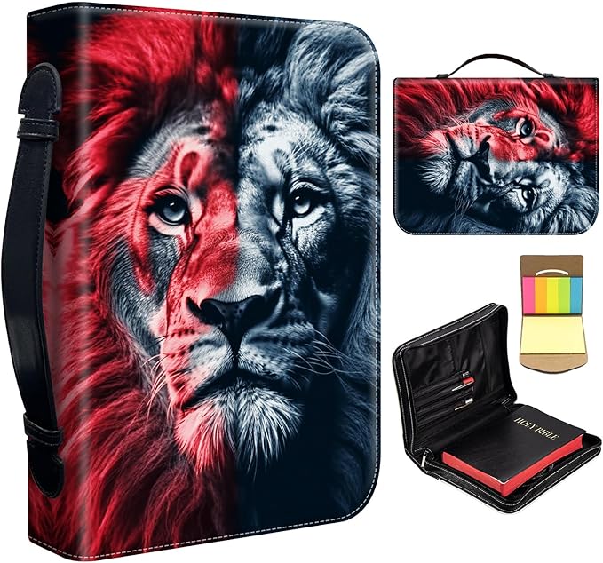 Bible Cover for Men Women,Large Leather Bible Case Fit Book Up to 11x8x2 Inch,Red Black Lion Bible Covers Bible Study Carrier Church Bags w/Handle & Zipper