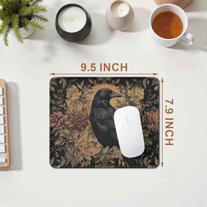 Moody Vintage Floral Raven Mouse Pad, William Morris Inspired Gothic Dark Cottagecore Flower Crow Mouse Pad for Home Office Computer Gaming Desk Essentials, 9.5x7.9 Inch