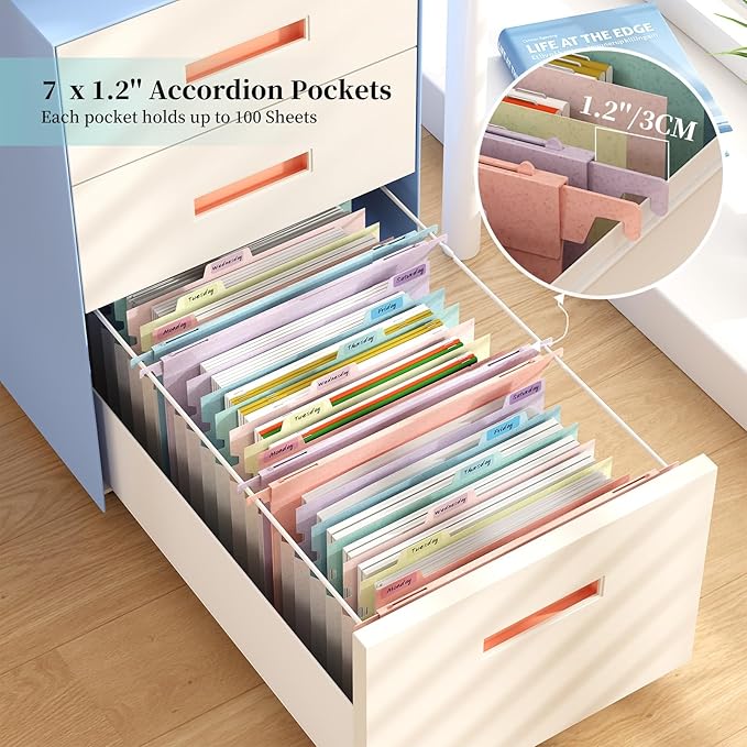 Expanding Hanging File Folders for Filing Cabinet, 7 Accordion Pockets, 1.2'' Expandable, Multi-Color Tabs, Letter Size, 50% Wheat Straw, 3 Pack (Lavender)